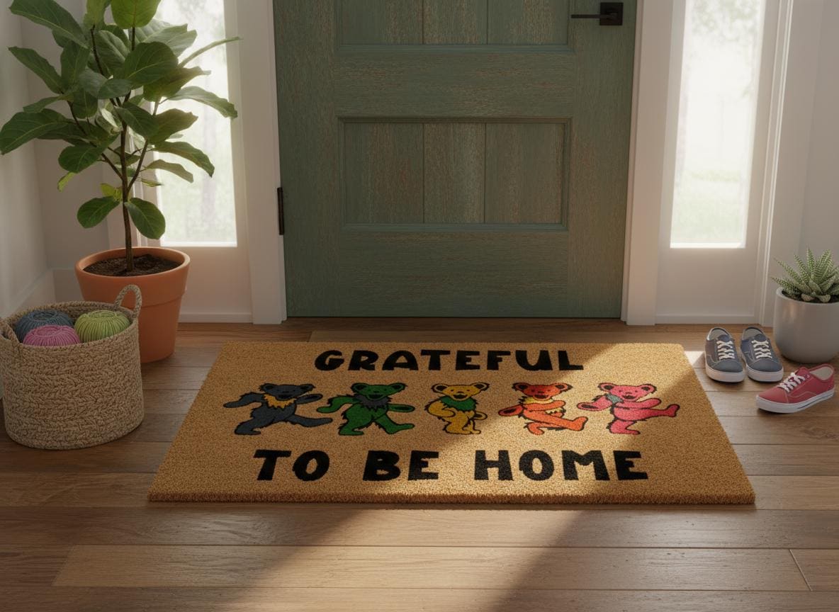 Dancing Bears Coir Doormat – Grateful To Be Home, Retro Porch Decor