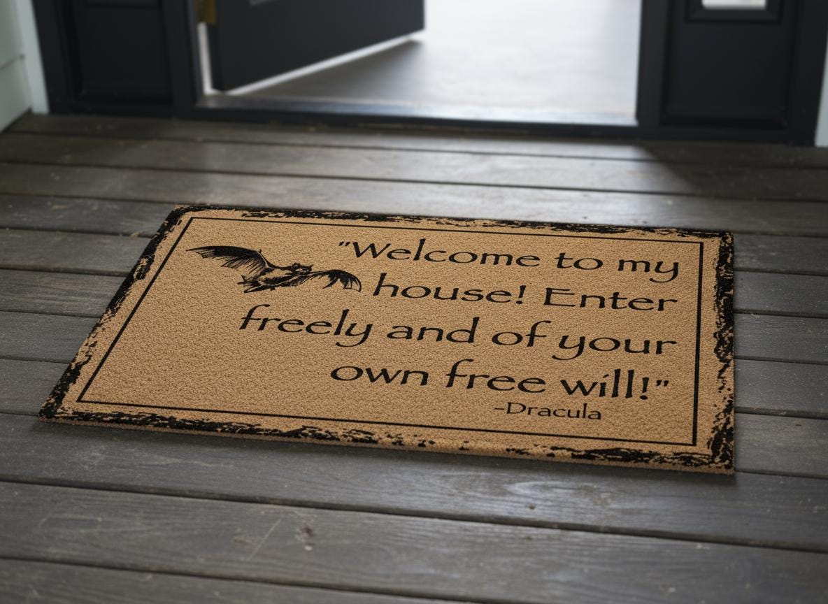 Dracula Quote Doormat – “Welcome to My House” Gothic Vampire Welcome Mat, Vintage Horror Decor, Coir Front Door Rug, Halloween Gift