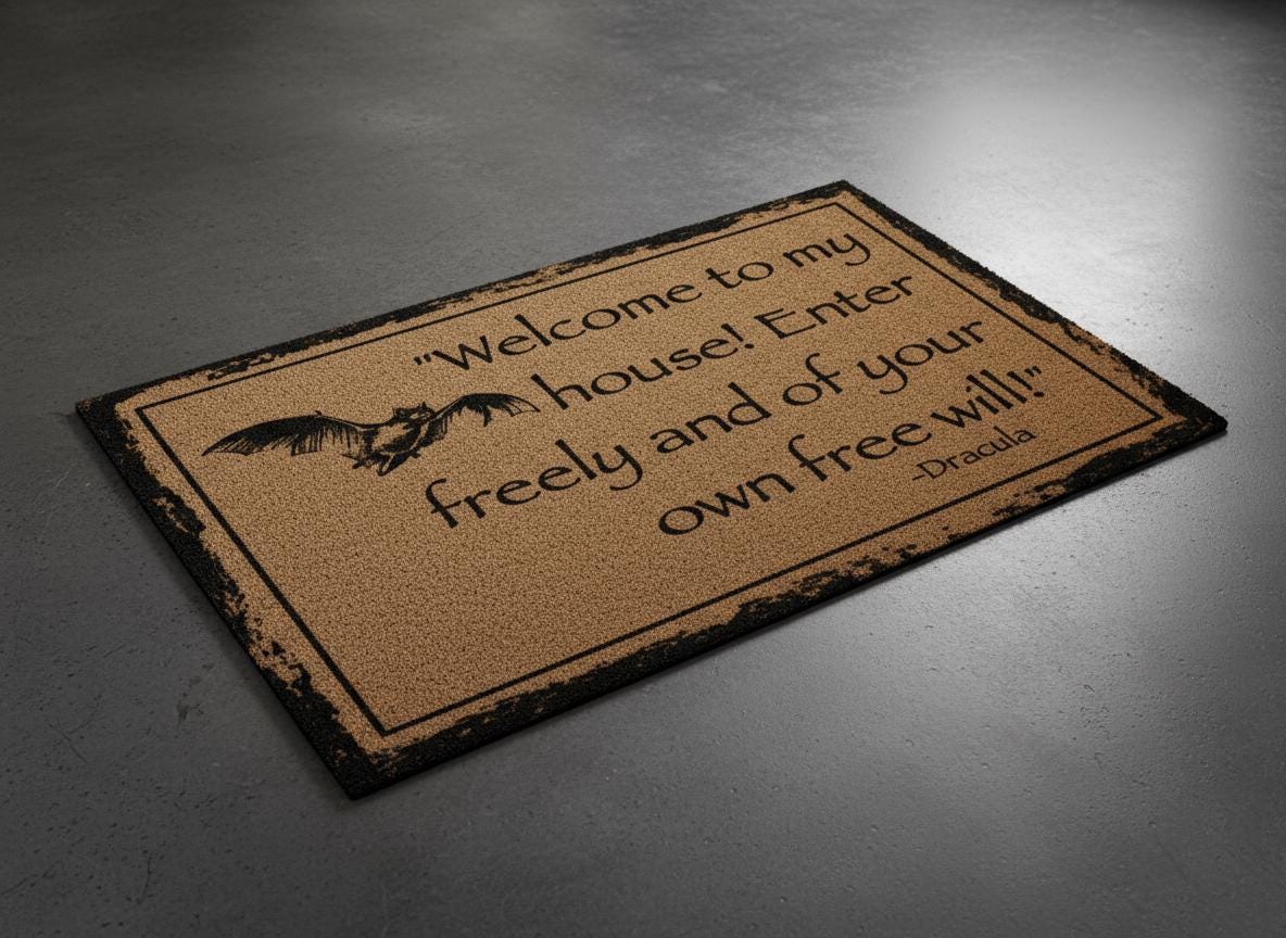 Dracula Quote Doormat – “Welcome to My House” Gothic Vampire Welcome Mat, Vintage Horror Decor, Coir Front Door Rug, Halloween Gift