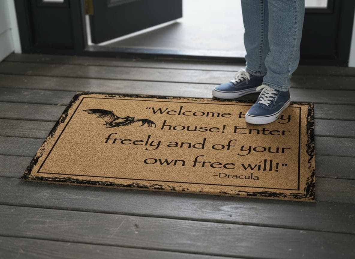 Dracula Quote Doormat – “Welcome to My House” Gothic Vampire Welcome Mat, Vintage Horror Decor, Coir Front Door Rug, Halloween Gift