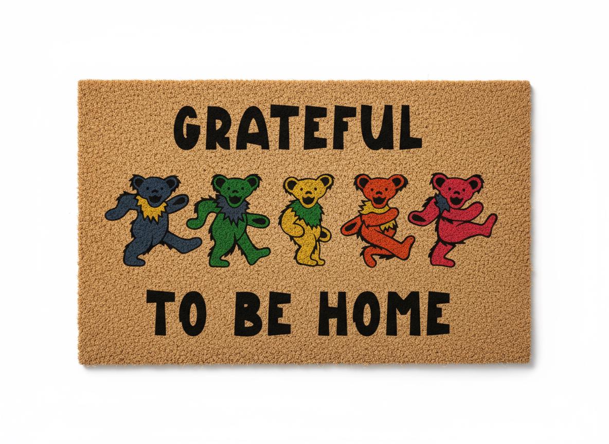 Dancing Bears Coir Doormat – Grateful To Be Home, Retro Porch Decor
