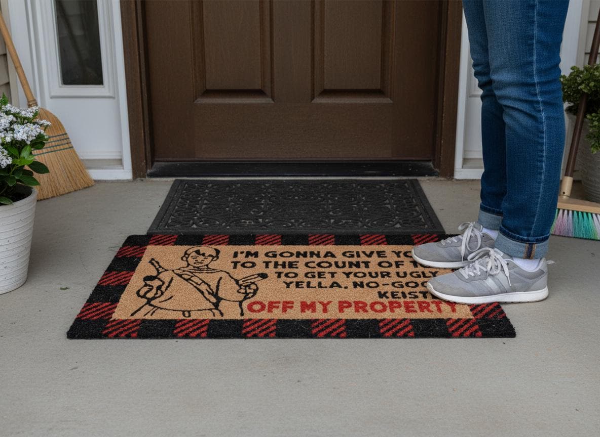Home Alone Doormat – Funny Christmas Movie Quote, Buffalo Plaid Coir Rug