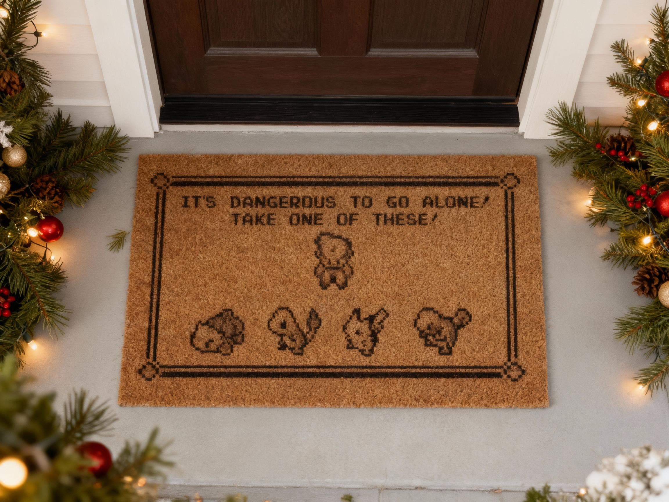 It’s Dangerous To Go Alone Take One Of These Doormat – Zelda x Pokémon Pixel Art Gamer Welcome Mat, Retro Nintendo Gift, Funny Home Decor
